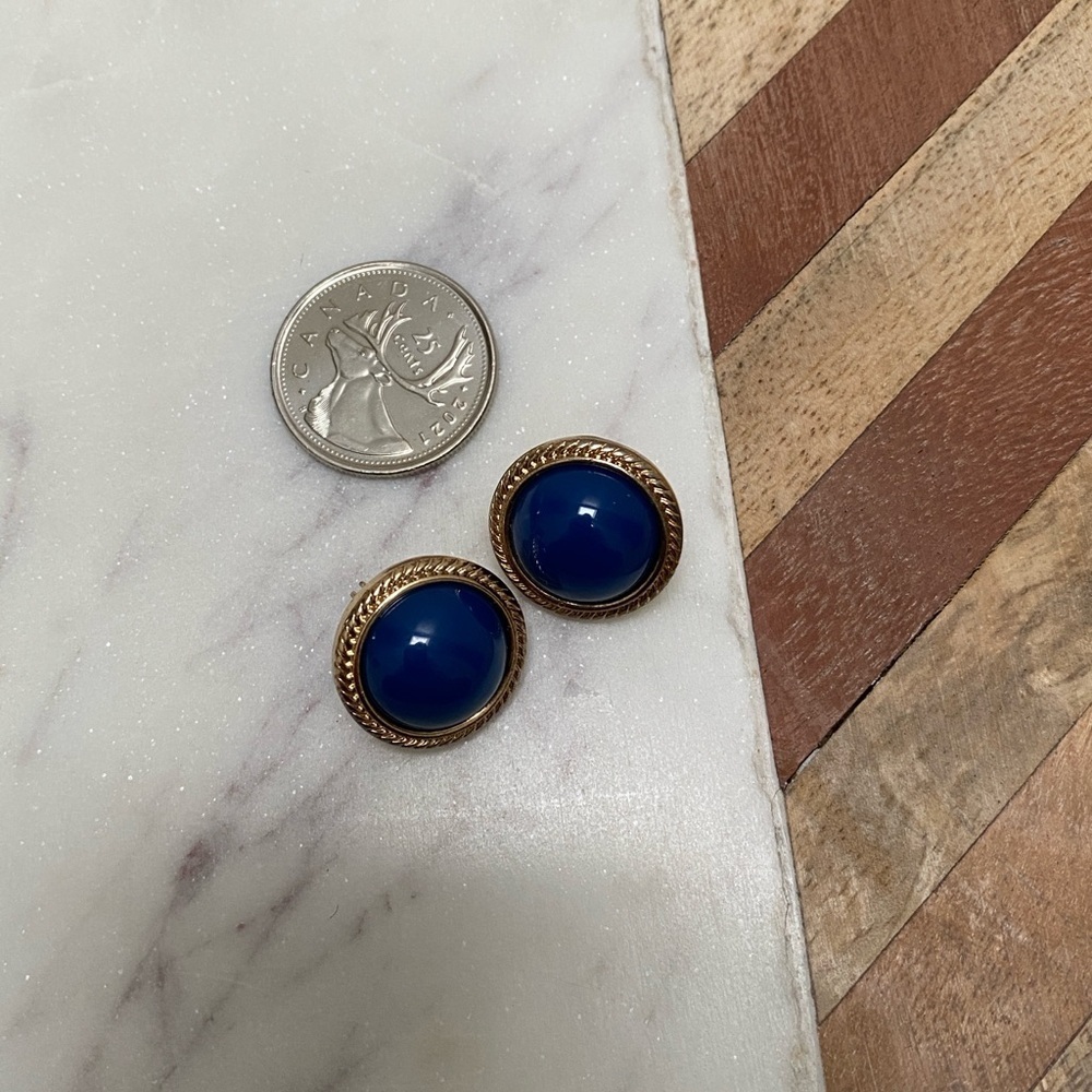 VINTAGE - Blue Monet Goldtone Cabochon Earrings